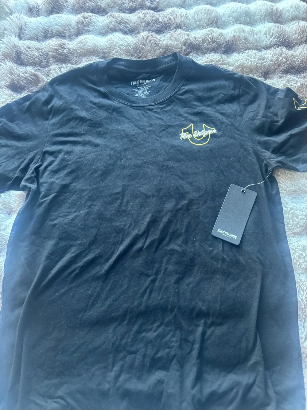 True Religion Black Short Sleeve Tee with Yellow Logo